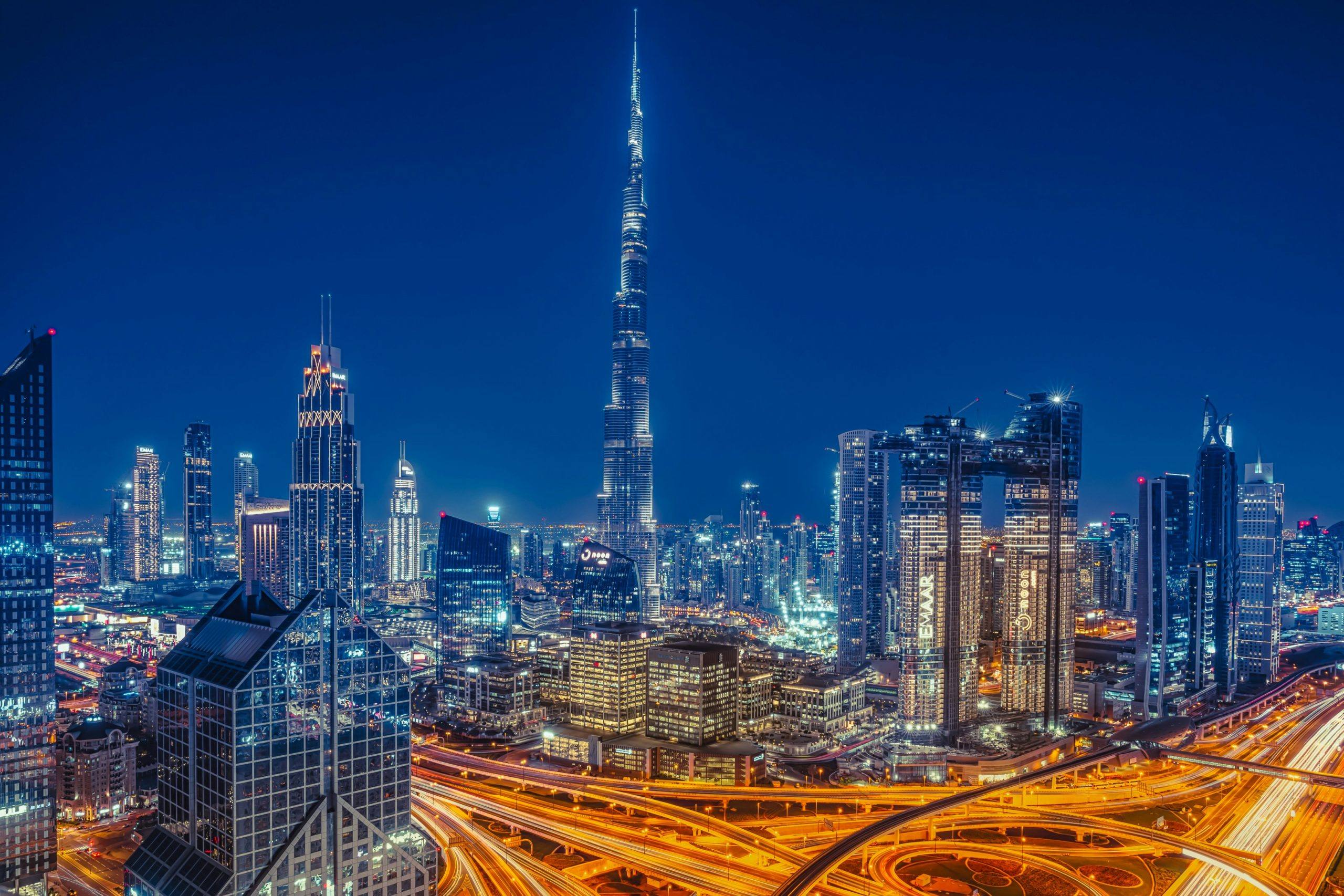 Dark sky in Dubai with orange roads